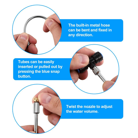 Top Notch Brass Mister Nozzle Extensions 10 Pack 5.9 Inch Flexible Mist Rods Nickel Coated showing adjustable features and use.