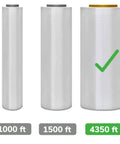 Industrial Heavy Duty Shrink Wrap Stretch Film Roll 18x4265 Foot 120 Gauge Super Tough Plastic Sheet displayed in three lengths, 1000 ft, 1500 ft, 4350 ft.