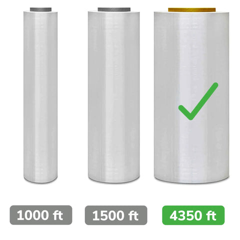 Industrial Heavy Duty Shrink Wrap Stretch Film Roll 18x4265 Foot 120 Gauge Super Tough Plastic Sheet displayed in three lengths, 1000 ft, 1500 ft, 4350 ft.