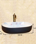 Heavy Duty Premium Top Shelf Oval Ceramic Vessel Bathroom Sink For Countertop Installation With Slick Non Porous Glaze And Smooth Drainage For Restrooms, 58x40x14 cm.