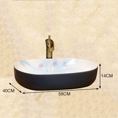 Heavy Duty Premium Top Shelf Oval Ceramic Vessel Bathroom Sink For Countertop Installation With Slick Non Porous Glaze And Smooth Drainage For Restrooms, 58x40x14 cm.