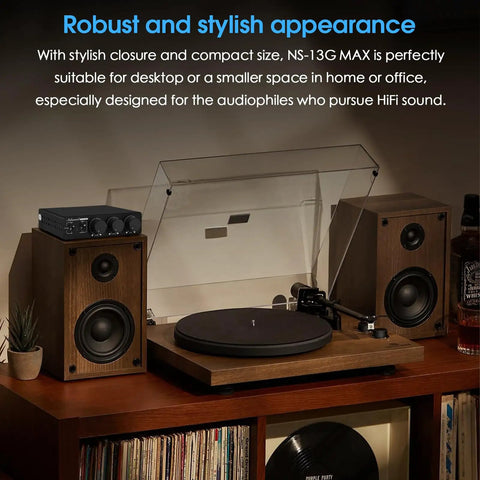 Beast 300W Per Channel Class D Stereo Amplifier with Phono Input beside turntable and speakers on wooden shelf