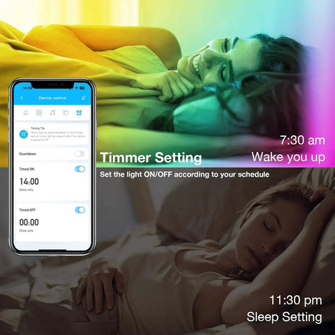 200ft Bluetooth RGB LED Strip Lights With App Control IR Remote Dope Music Sync, woman sleeping with app timer displayed