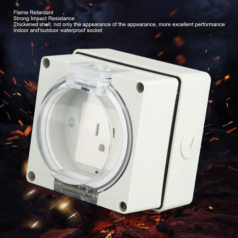 Hella Tough Ip66 Weatherproof Outdoor Electrical Outlet And 3 Prong Power Socket with clear sealed cover and white housing for outdoor use.