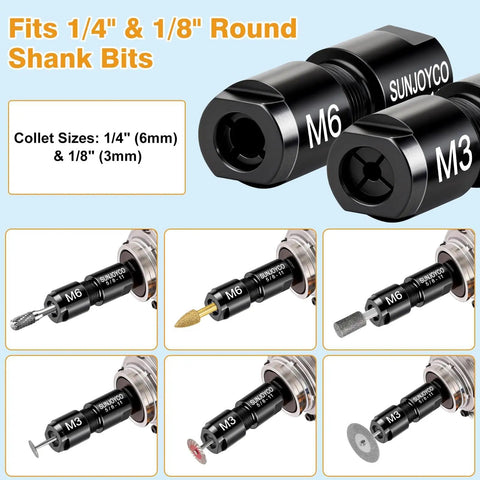 Angle Grinder To Die Grinder Adapter Kit With Five Eighths Inch Eleven Thread Spindle Converts Your Grinder Into A Straight Shank Die Grinder Includes Two Adapters For One Eighth And One Quarter Inch Shanks shown with M6 and M3 adapters and round shank bits.