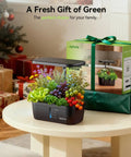 Six Pod Indoor Hydroponics Garden System With LED Grow Light Auto Timer Height Adjustable Stand Quiet Pump displayed on a table with gift box