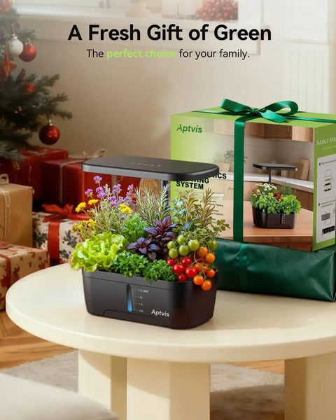 Six Pod Indoor Hydroponics Garden System With LED Grow Light Auto Timer Height Adjustable Stand Quiet Pump displayed on a table with gift box