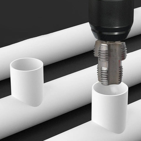 Heavy Duty Pvc Pipe Threader Kit With Electric Drill Opener For Double-Ended 4 And 6 Point Pipes threading a PVC pipe with dual-head die.