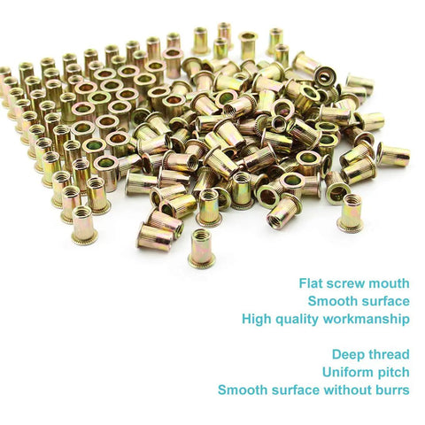 100 Pc 1/4"-20 Unc Rivet Nuts Carbon Steel Zinc Plated Flat Head Knurled Body Threaded Inserts piled in a heap for heavy duty use.