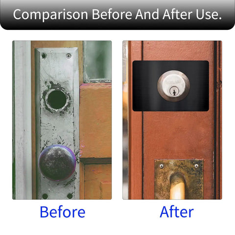 Before and after using Door Lock Repair Plate Kit Reinforcement Fixing Plate For Knob Lever And Deadbolt Filler Cover