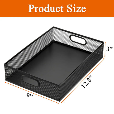 Two Pack Metal Mesh Desk Drawer Organizer Tray Set With Handles, Heavy-Duty Steel, 12.8 L x 9 W x 3 H Inches, black mesh tray