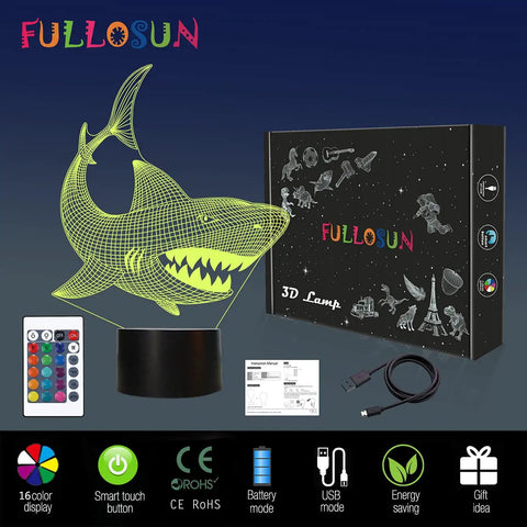 Shark 3D Illusion Night Light With Touch Control And Remote 16 Color USB LED Desk Lamp with packaging and accessories.