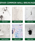 Image illustrating repair of wall damages like stains, scrapes, cracks, peeling, graffiti, and nail holes using All Purpose Wall Putty Repair Kit With Nozzle For Drywall Spackle Paste Safe Non Toxic Waterproof Hole Filler For Ceiling Sheetrock Aluminum Plaster Quick Dry DIY Ready No Mess Long Lasting Finish.