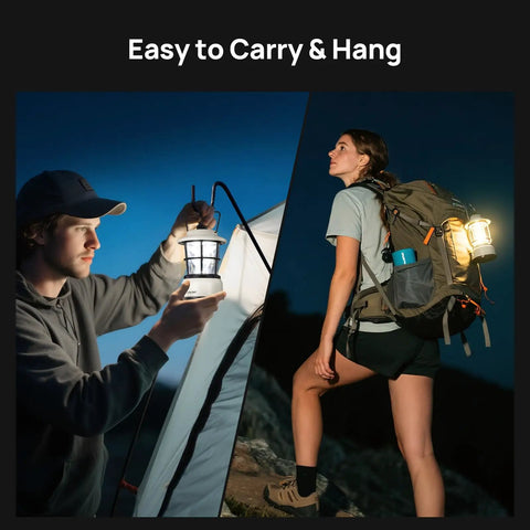 Person using Mini Dual LED Lantern With Retro Vibe, Battery Powered Lamp for camping, another carrying it on a backpack outdoors.