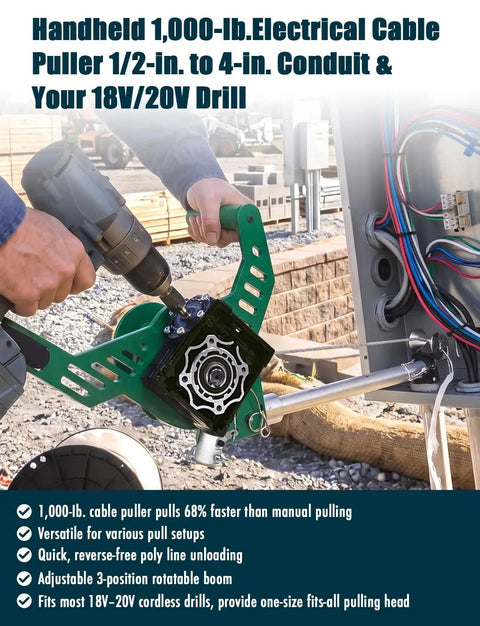 Heavy Duty Drill Attachment Cable Puller With 1000 Lb Force Adjustable Wire Tugger For Half Inch To Four Inch Conduit Pro Electrician Beast being used with a drill.
