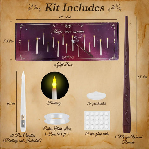 Floating Battery Operated Taper Candles Pack, 6.5-Inch LED Flickering Flameless Tapers kit contents including candles, hooks, glue dots