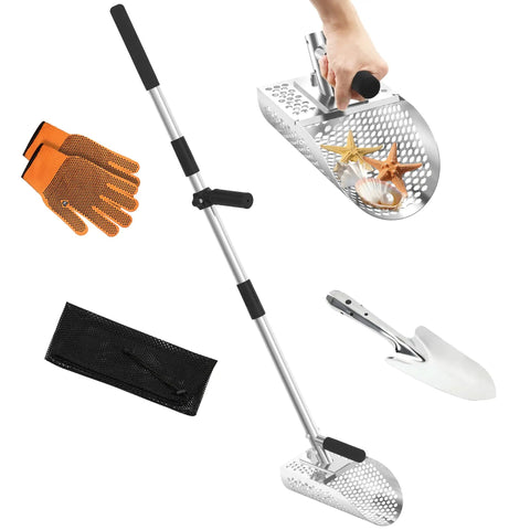 Two In One Sand Scoop For Metal Detecting With Long Detachable Handle Stainless Steel Beach Shovel And Sifter in use with accessories