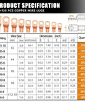Heavy Duty Copper Wire Lug Kit 130Pcs AWG 2 To 16 Ring Terminals With Heat Shrink Tubing Battery Terminal Connectors specifications table