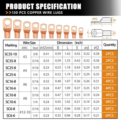 Heavy Duty Copper Wire Lug Kit 130Pcs AWG 2 To 16 Ring Terminals With Heat Shrink Tubing Battery Terminal Connectors specifications table