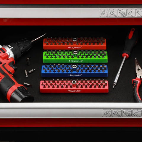 Magnetic Hex Bit Holder Rack Organizer With Magnet Base Pro Grade Four Racks 172 Hole Drill Bit Holder for 1/4 Inch Bits in red, green, blue.