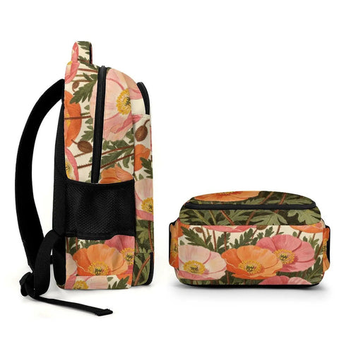 Side view of Peach Orange Wild Poppies Printed Unisex Backpack With Large Capacity, Durable Polyester Daypack For Everyday Use