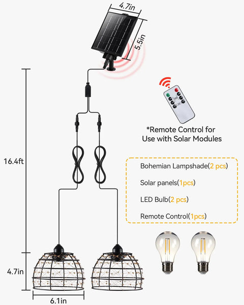 Top Rated Solar Pendant Chandelier Set Of Two With Smart Remote And Custom Hourly Timer featuring solar panels and bohemian lampshades.