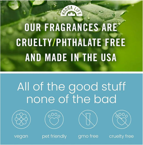 Premium Hanging Car Air Freshener Diffuser Set, Two Pack Vanilla Cream Oil Dispenser With Wood Cap And Glass Bottle, Long Lasting Commute Ready Scent That Holds Its Chill And Stays Super Fresh - cruelty free and vegan messaging on green background.