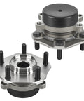 Two Piece Front Wheel Bearing And Hub Assembly With ABS Fits Chevrolet City Express 2015 2018 Nissan Leaf 2013 2017 NV200 2013 2019 Sentra 2013 2019 5 Lug Replacement Easy Install Durable Aftermarket, showing side and top view