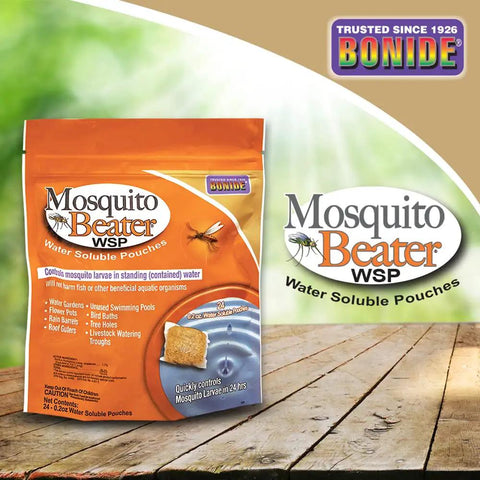 Mosquito Beater Water Soluble Pouches Pack Of 24 Kills Mosquito Larvae In Standing Water packaging on wooden surface.