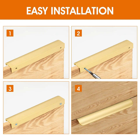 Easy installation steps for 10 Pack 10 Inch Matte Gold Finger Pulls, showcasing cabinet hardware fitting, installation process.