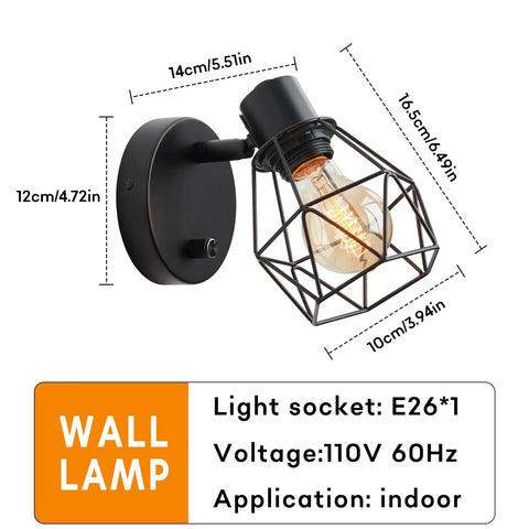 Black Industrial Wall Sconce With Dimmer And On Off Switch, Adjustable Cage Head Lighting For Living Room And Kitchen, Vintage Farmhouse Style, 90 Degree Adjustable Wall Mount Fixture with dimensions and specifications