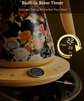 Floral Design Gooseneck Electric Kettle With 0.8L Capacity Precise One Degree Fahrenheit Temperature Control shown with brew timer