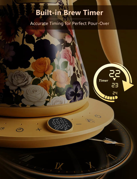 Floral Design Gooseneck Electric Kettle With 0.8L Capacity Precise One Degree Fahrenheit Temperature Control shown with brew timer