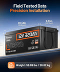 12V 320Ah LiFePO4 Battery With Bluetooth And 250A BMS, 4096Wh, IP65 Weatherproof, dimensions highlighted
