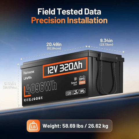 12V 320Ah LiFePO4 Battery With Bluetooth And 250A BMS, 4096Wh, IP65 Weatherproof, dimensions highlighted