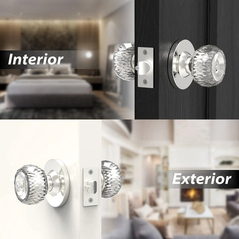 Crystal Privacy Door Knob With Lock For Bedroom And Bathroom, installed on interior and exterior doors, showing easy install.