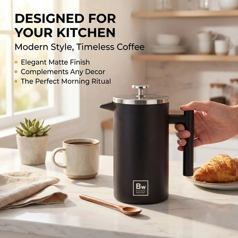 Double Wall Stainless Steel French Press Coffee Maker With Built In Thermometer And Fine Mesh Dual Filters For A Solid Morning Kick And Rich Flavor Every Time Includes Wooden Spoon For Zero Fuss Brewing In Sleek Black on kitchen counter.