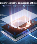 Illustration of high photoelectric conversion in an outdoor solar panel with tempered glass and monocrystalline silicon layers.
