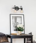 Black 2-Light Vanity Light Fixture With Clear Glass Shades, modern bath lighting over desk, industrial chic wall mount