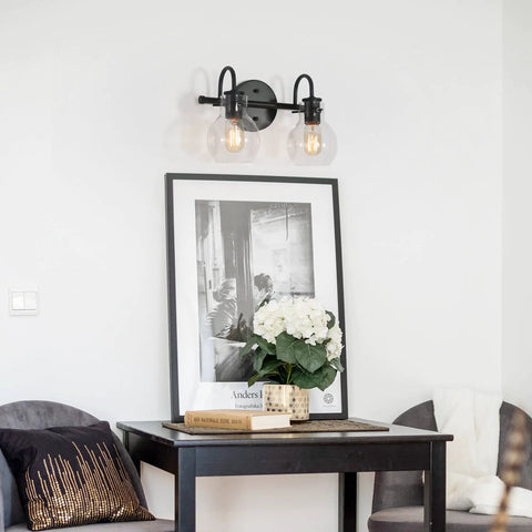 Black 2-Light Vanity Light Fixture With Clear Glass Shades, modern bath lighting over desk, industrial chic wall mount