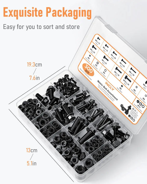 Black Metric Flange Bolt Assortment Kit With Nuts And Washers, M6x1.0 M8x1.25 M10x1.5, 12 To 30mm Lengths, 300-piece kit in open case.