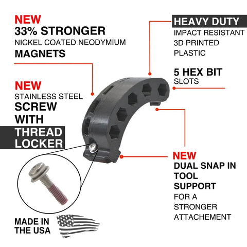Side Mount Magnetic Bit Holder For Quarter Inch Hex Drill Bits showing five hex bit slots and durable plastic construction.
