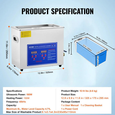 Specifications of 6L Ultrasonic Cleaner With 40kHz Power And 200W Heating, Digital Timer And 110V, stainless steel design