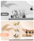 Before and after using 3 Tier Lazy Susan Bathroom Countertop Organizer With 360 Degree Rotating Clear Tray for cosmetics and skincare