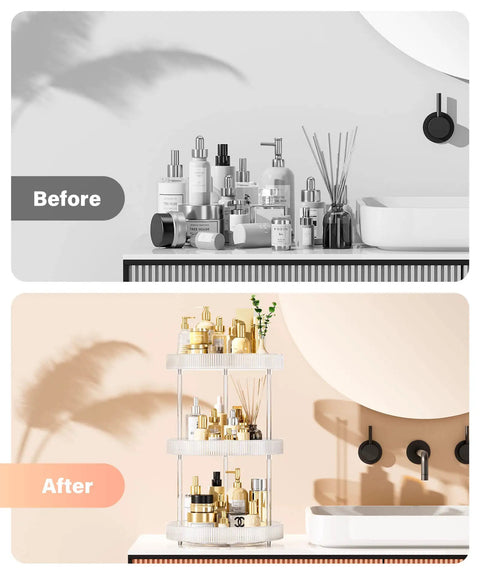 Before and after using 3 Tier Lazy Susan Bathroom Countertop Organizer With 360 Degree Rotating Clear Tray for cosmetics and skincare