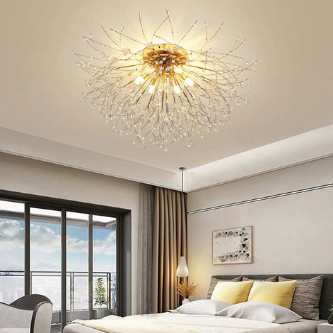 Six Light Firework Sputnik Statement Chandelier Modern Crystal Pendant Lighting Semi Flush Mount 24 Inch LED Gold Finish Fixture For Living Room And Dining Room 4000K Neutral White