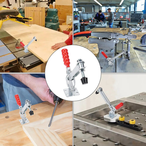 Heavy Duty 2 Pack Vertical Toggle Clamps Lock Down Jobs In Seconds With A Comfort Grip Non Slip Lever And Fast Actuation in a workshop.