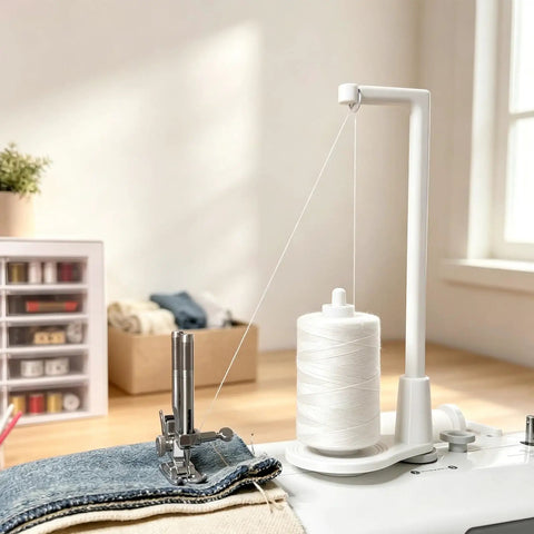 Large Thread Spool Stand For Sewing Machines with pink thread, hanging above a sewing machine on denim fabric.