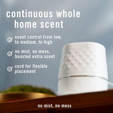 Plug In Scent Booster Starter Kit With Ocean Refills, Black Oil Diffuser Air Freshener on a table, features listed above.