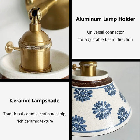 MECOLA Vintage Ceramic Shade Wall Sconce Adjustable Angle Wall Mount Light featuring aluminum lamp holder and detailed ceramic lampshade.